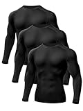 Odoland 3 Pack Long Sleeve Compression Shirts for Men, Crew Neck Sports Undershirt, Athletic Base Layer Top for Workouts Gym,Black*3,XL