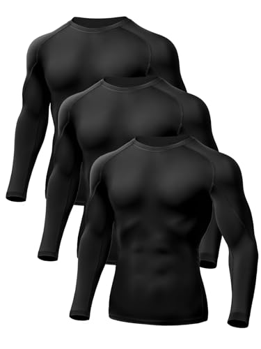 Odoland 3 Pack Long Sleeve Compression Shirts for Men, Crew Neck Sports Undershirt, Athletic Base Layer Top for Workouts Gym,Black*3,XL