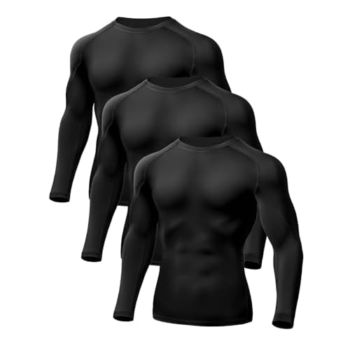 Odoland 3 Pack Men Compression Long Sleeve Shirts, Athletic Workout Undershirt Base Layer Top for Winter Sports Black*3 XX-Large