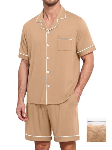 Image of Mens 2 Piece Short Sleeve Button Down Pajama Set, S-3XL | Soft Modal Fabric, Cool Lightweight Sleepwear & Loungewear with Pockets, Home Relaxing