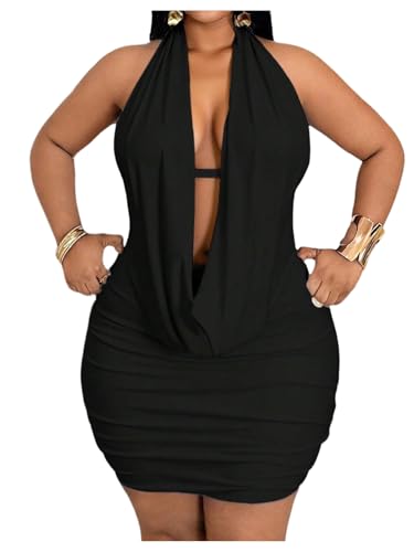 Floerns Women's Plus Size Going Out Halter Dress Deep V Cowl Neck Date Night Bodycon Mini Dresses3