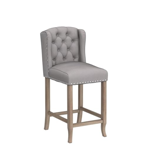 Set of 2 DUOMAY 26 Inch Tufted Linen Counter Stools with Solid Wood Legs - Grey