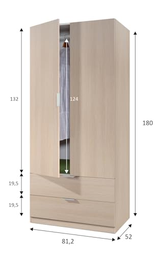 Habitdesign Armario de 2 Puertas y 2 cajones, 180x81,2x52 (AltoxAnchoxFondo - en cm), Ropero 2 Puertas Color Roble - imagen 3