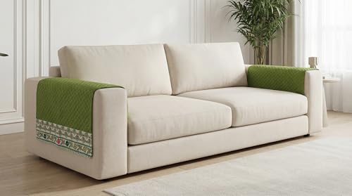 Image of Velvet Sofa Arm Cover Set of 2 Pcs | Anti Skid Anti Slip | Plain Green | Washable Armrest Protector