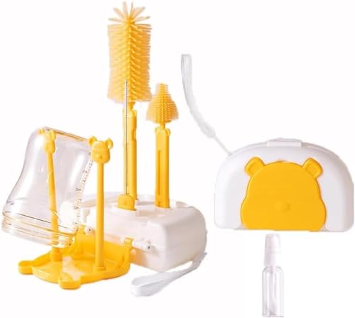 旅行用哺乳瓶ホルダー 哺乳瓶ブラシ、哺乳瓶専用たわし、乳首ブラシ、ストローブラシ内蔵 収納・水切り 携帯用哺乳瓶たわしバッグ 赤ちゃん旅行の必需品 8点セット (クチナシイエロー)