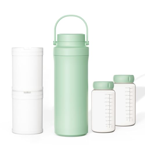 Image of SporraMom Breastmilk Cooler, Portable Breast Milk Cooler Bottle for Outdoor, 22oz Large Capacity Travel Breastmilk Chiller with 2 Pack Baby Bottles for Breastmilk Storage, Keep Cooling 24H (Green)