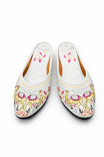 Image of Women's Ethnic Embroidered Jutti | Off-White Traditional Slip-On Mojari with Camel Motif Embroidery | Comfortable Ethnic Wear