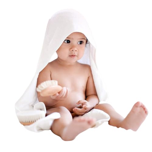 Image of BY LORA Hooded Baby Towel for Toddlers, Soft 100% Rayon Bath Towel, Highly Absorbent Unisex Wrap, 35 x 35 Inches, Toddler Gift, White
