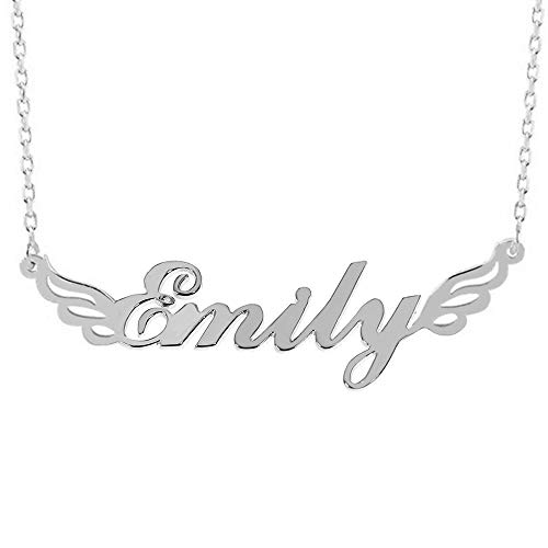 BINKILA Custom S925 Sterling Silver Personalized Wings Name Necklace Jewelry Gift for Woman (Silver)