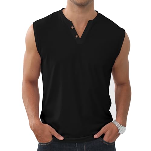 Hommes Débardeurs Basic Vestes sans Manches Tees Henley T-Shirt Coton Bouton Col en V Léger Souple Extensible Noir M – vue 2