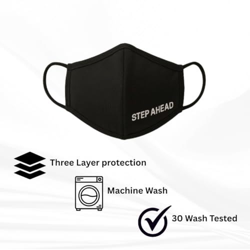 Step Ahead ® | 5 Pack Triple Layer Cotton Black Face Mask (Pack of 5) Unisex Reusable Fashion Washable | Nano Mesh Water Repellent Layer- Protects from Dust, Pollution, Droplets - Image 2