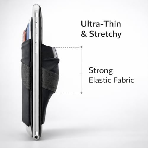 Image of Mizi (2 Pack Adhesive Phone Stretchy Wallet, Card Holder for Back of Phone Stick on Cases, Unique Double Pocket Design + Finger Strap for iPhone /Android /Samsung Galaxy - Black