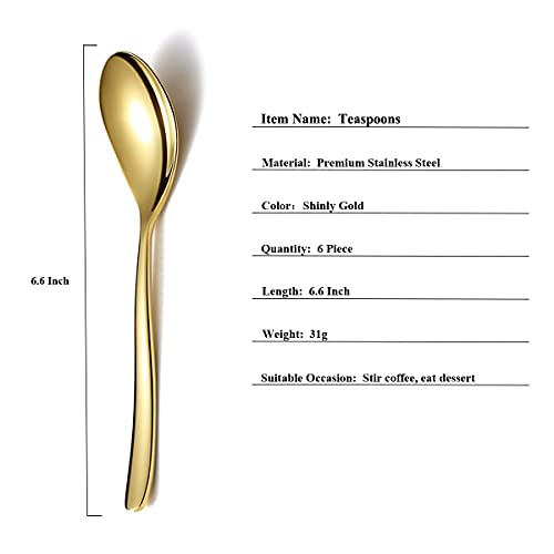 Gold Teaspoons, 6 Piece Silverware, Stainless Steel Small Spoons for Home, Kitchen or Restaurant, Dishwasher Safe (6.6 Inches)