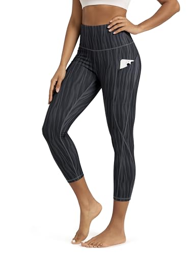 ODODOS Women's High Waisted Cropped Yoga Leggings with Pockets, 23" Inseam Tummy Control Workout Running Yoga Pants, Wave Line Charcoal, Small
