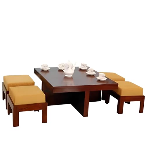 Image of Loonart Solid Sheesham Wood Coffee Table with Four Cushioned Stools | Idel for Living Room | Cafe | Restaurant | Space Saving Indoor Table Set | Finish Color - Natural Finish | Cream Cushion |