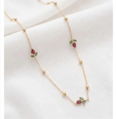 Image of Red Tulip Pendant Necklace for Women & Girls, Gold-Tone Crystal Floral Necklace with Adjustable Stainless Steel Chain, Waterproof Anti-Tarnish Hypoallergenic Dainty Jewelry, Gift for Her