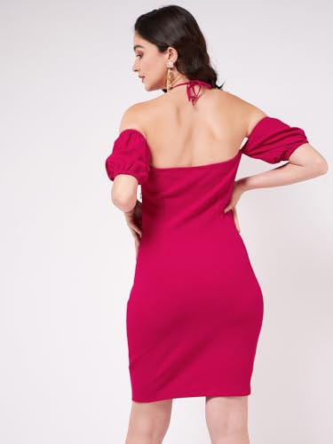 Image of Zima Leto Women's Pink Polyester Bodycon Mini Dress | Cold Shoulder Puff Sleeve Halter Neck | Stylish Party Dresses for Women Knee Length | Modern Western Dress for Casual, Festive & Cocktail Events