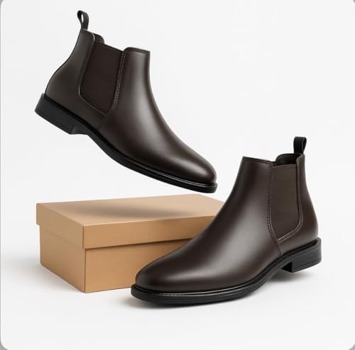 Image of Men's Leather Chelsea Boots | Ankle Boots with Textured Finish Formal & Smart Casual Boots | Comfortable Fit, Trendy, Stylish Boots | Leather Boots for Office /Fashionable
