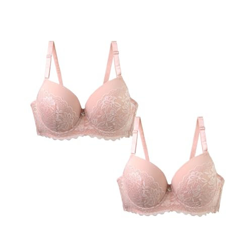 Nidddiv Pack de 2 sujetadores para mujer con aros de encaje en V, sujetador push up, cómodo sin costuras, sujetador sin aros con agarre suave y fuerte, bustier, ropa interior acolchada para el día a