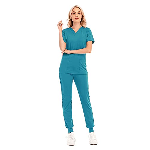 Scrub Set Nurse V-Neck Work clothes Scrubs Tops Pants Work Jogging Pant Health Service Elastic Waist Trousers (Lake blue, S)