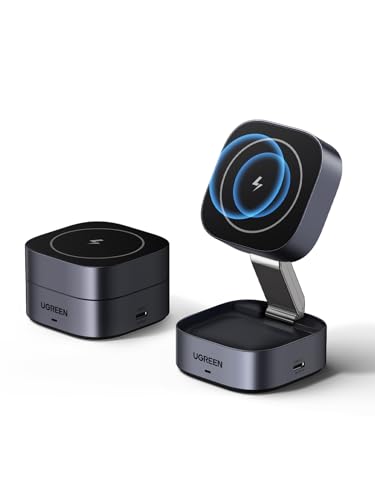 UGREEN MagFlow Wireless Charger 15W Fast Charge 2 in 1 Magsafe Charging Stand Portable Travel Essential Compatible with iPhone 16/15/14/13/12 Series AirPods 3/2/Pro (No AC Adapter)