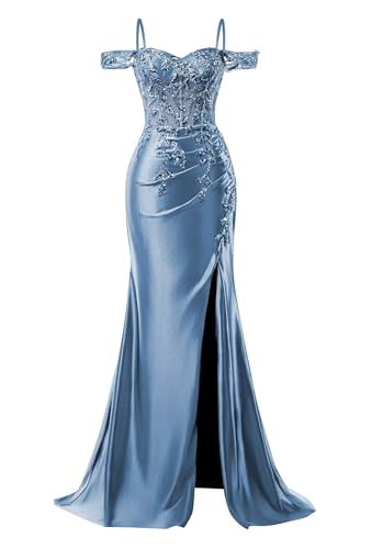 Image of Mermaid Satin Prom Dresses 2026 Lace Applique Off Shoulder Formal Evening Gown with Slit
