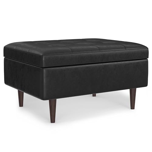 SIMPLIHOME Shay 34 inch Wide Mid Century Modern Small Rectangle Coffee Table Storage Ottoman in Distressed Black Vegan Faux Leather, Assembled, for The Living Room, Entryway and Family Room
