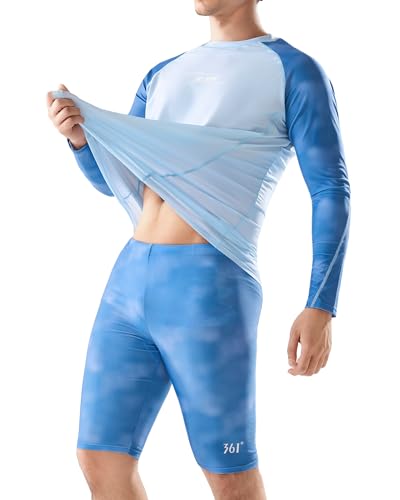 361° Swim Jammers for Men Rash Guard Long Sleeve, Featuring Spliced Swimsuit and Mesh Fabrics, Endurance, Tailored to Pool Training, Beach Vacation, or Surfing Two Piece Sets, Size XL 34 Gradient Blue
