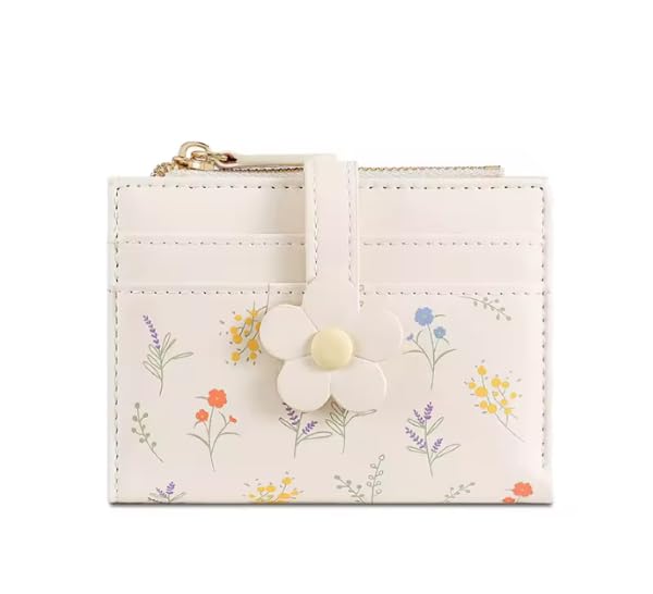 Image of Girls Mini Wallet, Cute Floral-Beige | Compact Wallet, Zipper Coin Pocket, Card Holder, ID Window