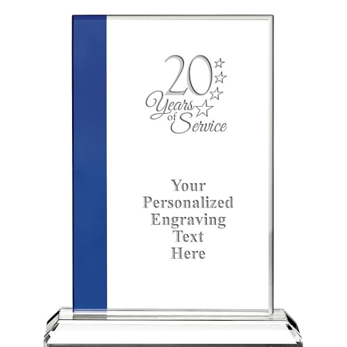 20 Years of Service Custom Crystal Trophy, 8" Sapphire Blue Florence Years Achievement Award for Employees Corporate Awards