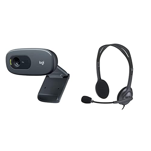 Image of Logitech C270 Digital HD Webcam with Widescreen HD Video Calling, HD Light Correction, Noise-Reducing Mic - (Black, HD 720p /30fps) & M235 Wireless Mouse - Black /Grey & H151 Headphones (Black)