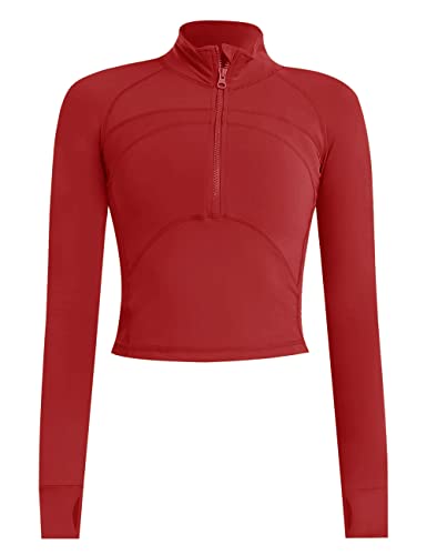 ZHENWEI Womens Athletic Yoga Jacket Women Cropped Long Sleeve Workout Half Zip Running Crop,Red,M
