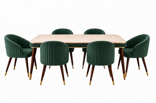 Image of WOODEN SPACE 6-Seater Wooden Dining Table Set | Nano Composite Marble Top | Solid Wood Base | Modern Dining Room Furniture with 6 Chairs (Dark Green)