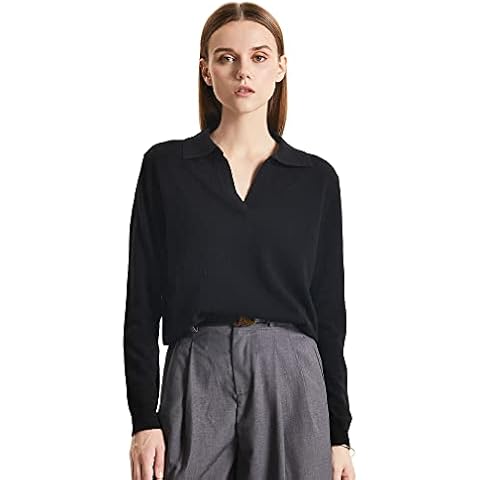 GreenMount Women's Deep V-Polo Casual Loose Cashmere Sweater Pullover Lapel Long Sleeve for Women Keep 37.5° Warm Black Cover