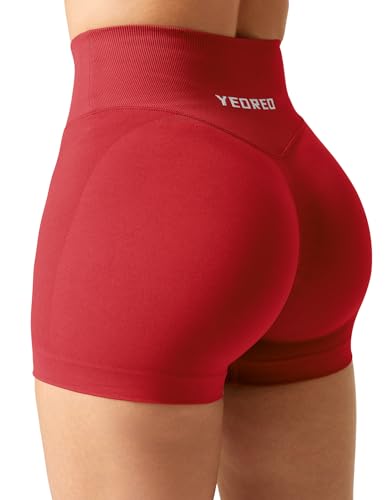 YEOREO Workout Shorts Women Scrunch 3.5' Seamless V Waist Amplify Shorts Sport Gym Shorts Red S