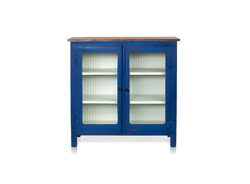 Image of APRODZ 2 Door Cabinet with Wicker Front 2 Shelves | Mango Wood Storage Organizer | Rustic Durable Stylish Wooden Furniture | Compact Design Home Decor (Blue & Off White)