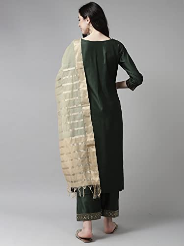 Image of INDO ERA Women's Cotton Blend Yoke Design Straight Kurta with Pant & Dupatta Set