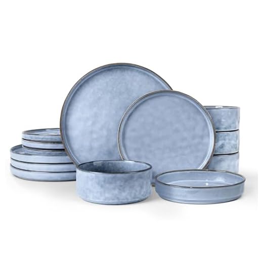 LIANYU 16-Piece Dinnerware Set, Stoneware Dishes, Ceramic Plates and Bowls, Microwave & Dishwasher Safe, Serenity Blue