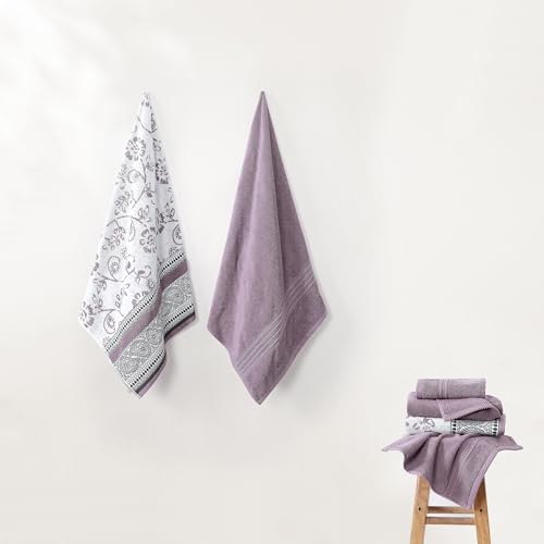 Image of Modern Threads 6 Piece Set, 2 Bath Towels, 2 Hand Towels, 2 Washcloths Yarn Dyed Jacquard /Solid Towel Set Ophelia Orchid (Pack of 8)