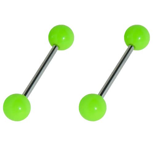 Tienda 2 Piercings Lengua Bolas Verdes fosforescentes, Brillan en la Oscuridad de acrílico plástico, Barra Acero quirúrgico, 16mm de Largo y 1,6mm de Grosor, Bolas de 6mm. (GLE2227Z2a)