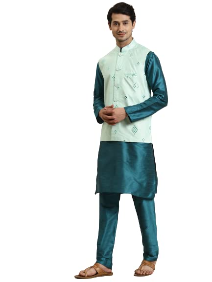 Image of SOJANYA (Since 1958, Men's Silk Blend Grey Kurta Pyjama & Silk Blend Jacket Combo