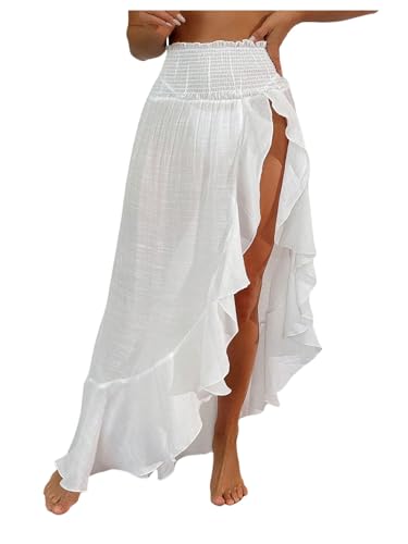 SweatyRocks Women's Sheer High Slit Ruffle Trim Bathing Suit Beach Cover up Skirt