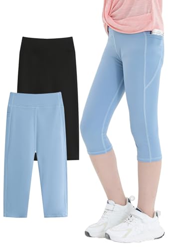 Happy Cherry Girls Athletic Leggings Capri Yoga Pants Stretch Slim Fit Tight 3/4 Pant with Pockets 2 Pack 5-11Y