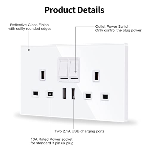 2 Pack Double Switched Socket 13 Amp with 2 USB Charging Ports Crystal White Glass Panel Wall Outlet Electric Power Socket