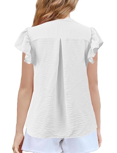 Image of Floral Find Girls Casual Ruffle Short Sleeve V Neck Textured Shirts Summer Dressy Tunic Top Blouses