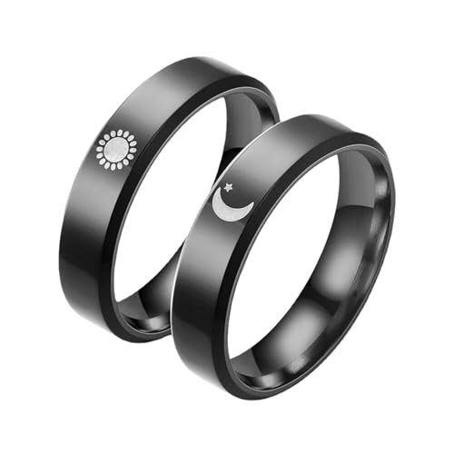 Daesar Ringe Hochzeit Set 2 Ringe, Verlobungsringe Paar Schwarz 6MM Mond Sonne Partnerringe Freundschaftsringe Edelstahl für 2 Damen Gr.66 (21.0)& Herren Gr.66 (21.0)