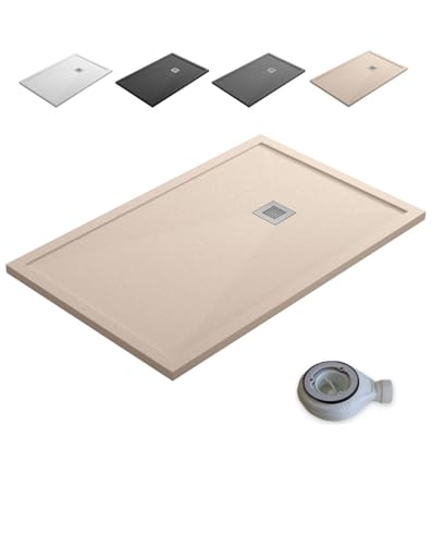 Plato de Ducha de Resina con Borde Extraplano Antideslizante Valvula y Rejilla | Textura Piedra | Beige | 70 X 90 cm