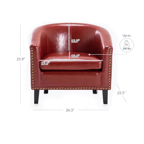 Image of BELLEZE Accent Barrel Chairs Set of 2, Modern Tub Club Chairs Upholstered Armchairs for Living Room, Faux Leather Chairs with Gold Nail Head Trim Black Legs - Kyara (Red)