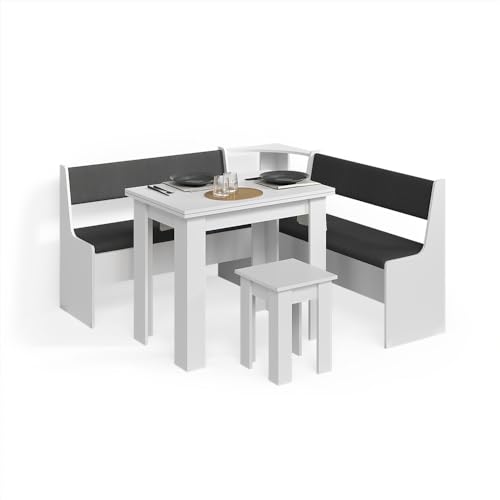 Livinity Conjunto con Banco esquinero Tiberio, Blanco, 150 x 150 cm con Mesa