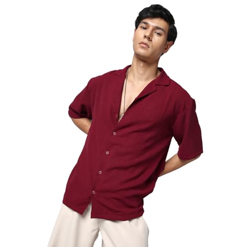 Image of Urbano Fashion Men's Cotton Half Sleeve Relaxed Fit Textured Shirt with Cuban Collar
